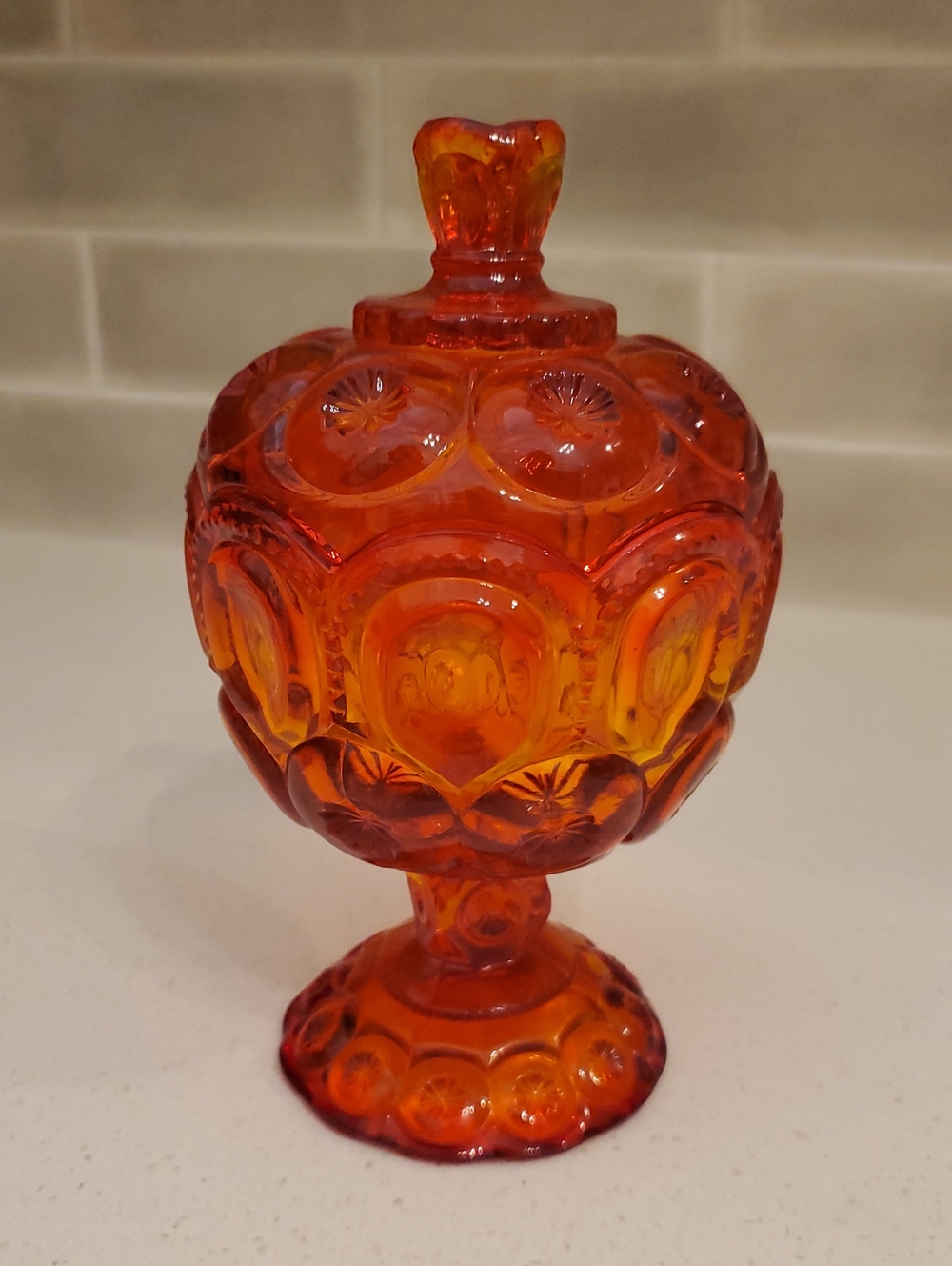 L.E. Smith Vintage Moon And Stars Amberina Glass Candy Dish